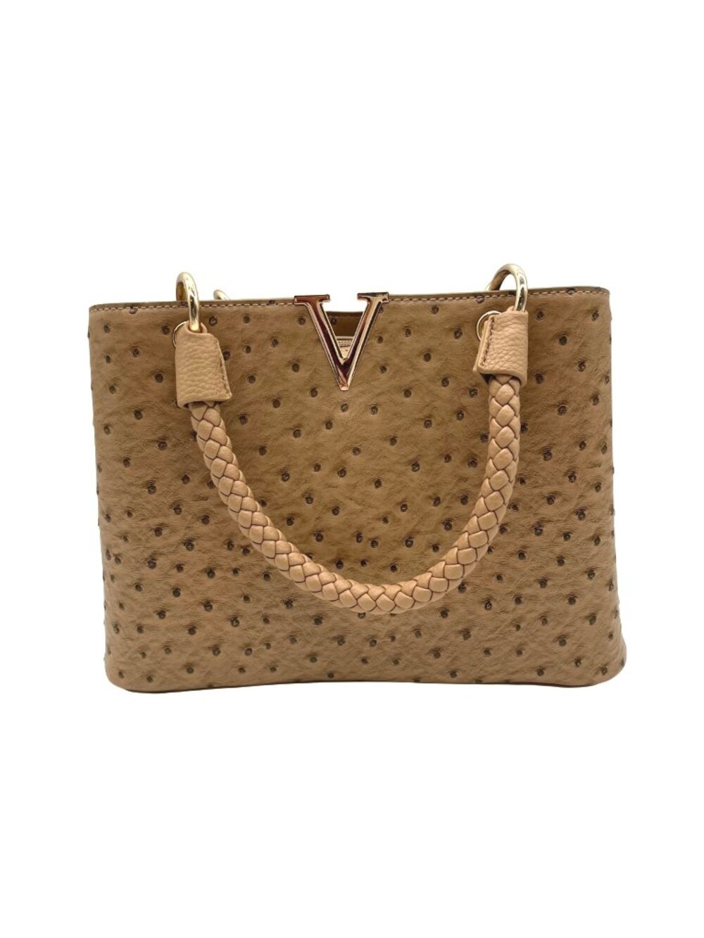 Like Dreams Camel Brown Faux Ostrich-Embossed Leather Satchel